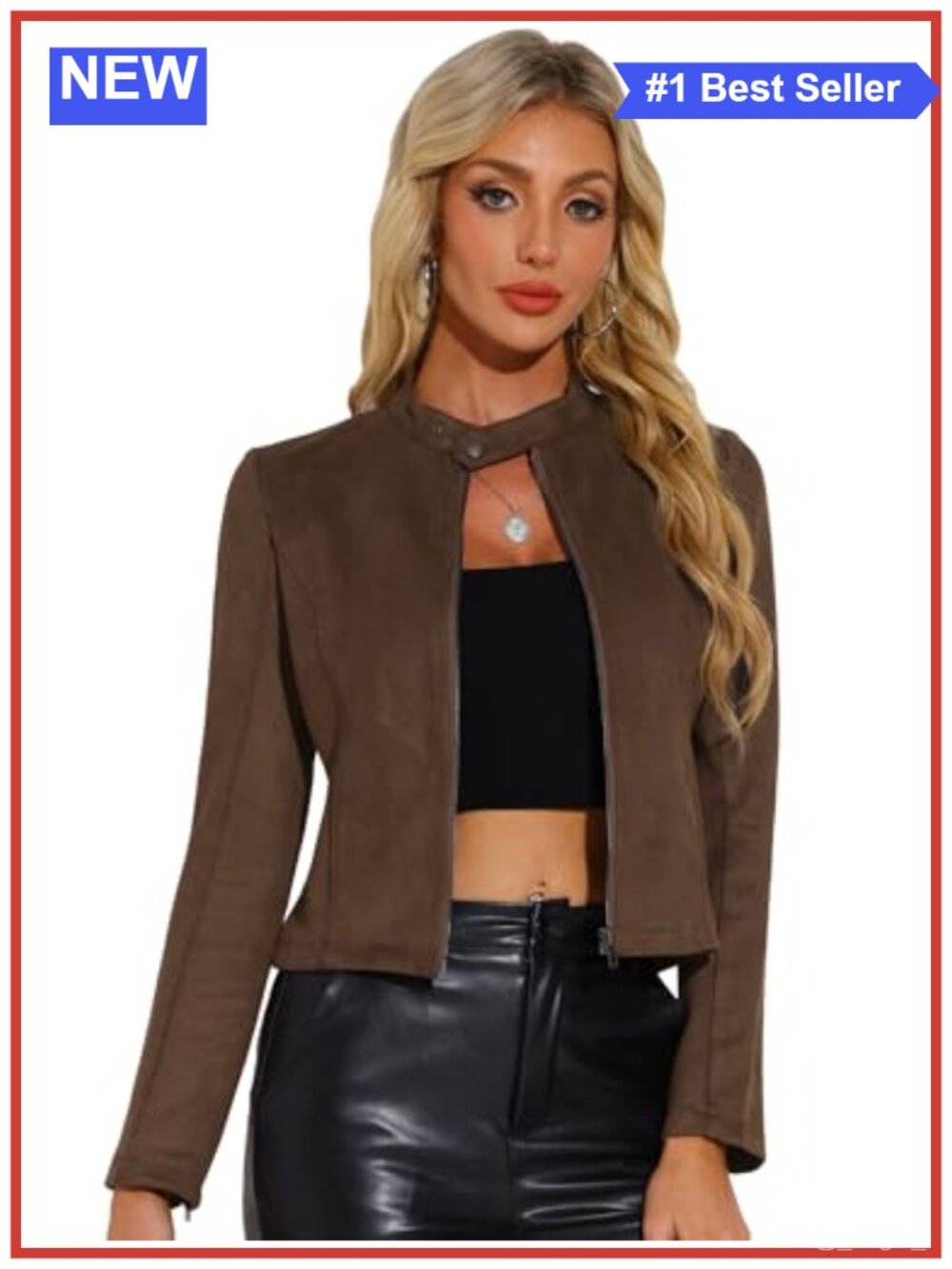Faux Suede Moto Biker Jacket Zip Up Crop Coat Long Sleeve Casual